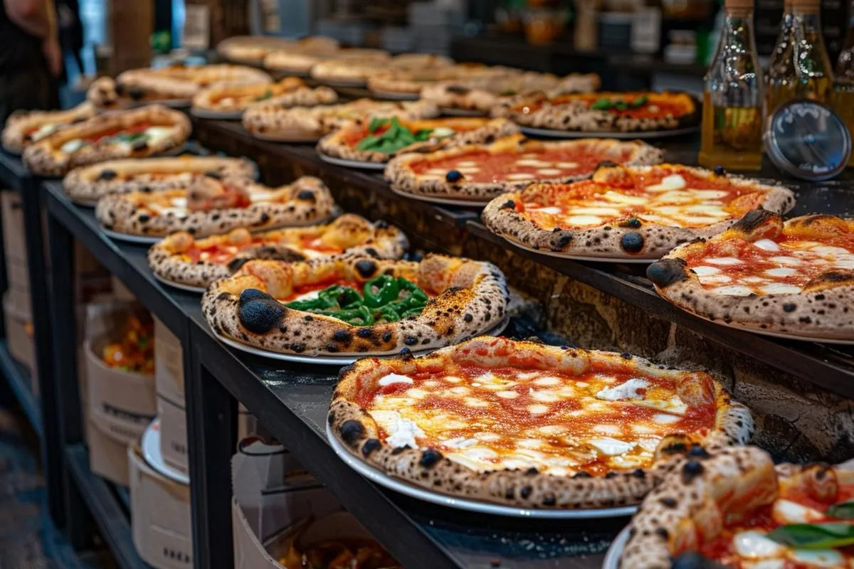 Various Italian pizzas on rustic table